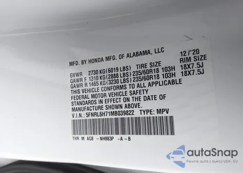2021 Honda Odyssey Ex-L z USA, uszkodzony, nr VIN 5FNRL6H71MB039822
